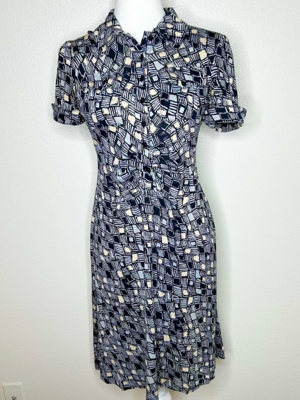 Diane Von Furstenberg Womens Navy Blue Geo Pattern 100% Silk Collared Dress 6